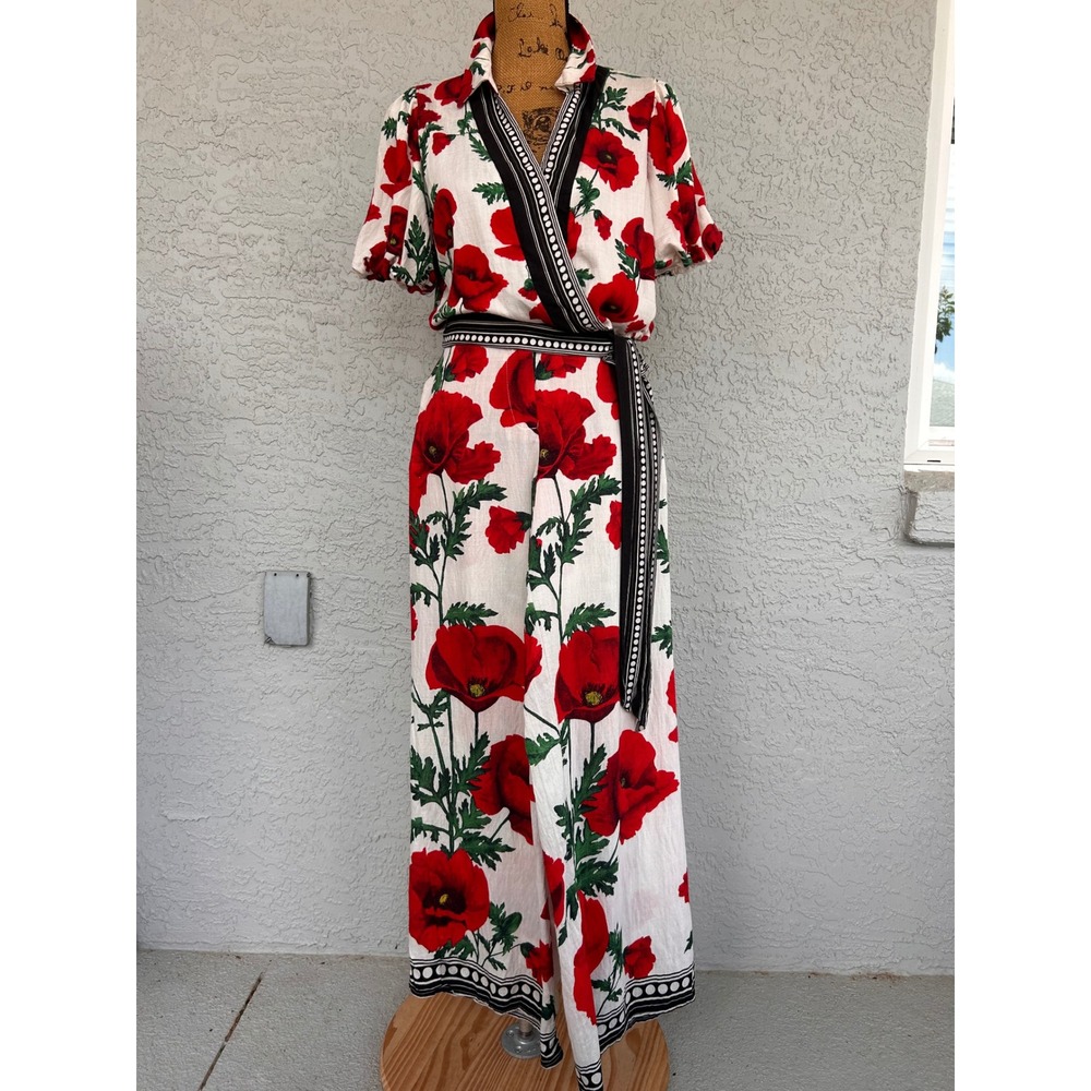 Lulumari White Jumpsuit with Red Floral Print and Black Trim
